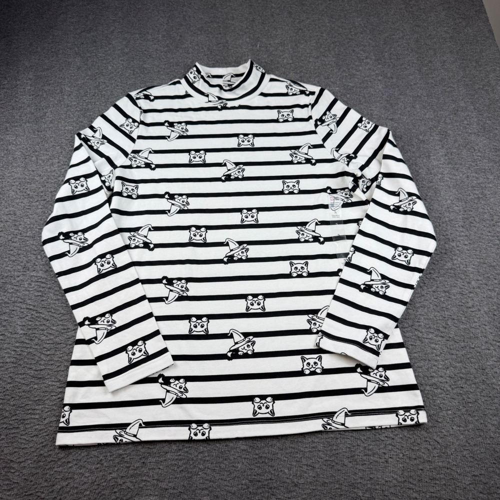 Kim Rogers Mock Neck Top Womens S White Black Stripe Cat Witch Hat Halloween Tee